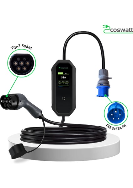 Elektrikli Araç Taşınabilir Şarj Cihazı 7 kW / 32A / Türkçe Menü / 5M / Tip-2 Soket / 3x32A Fiş / 220V AC / Ev Tipi Priz Dönüştürücü Kablo ve Taşıma Çantası fiyatları