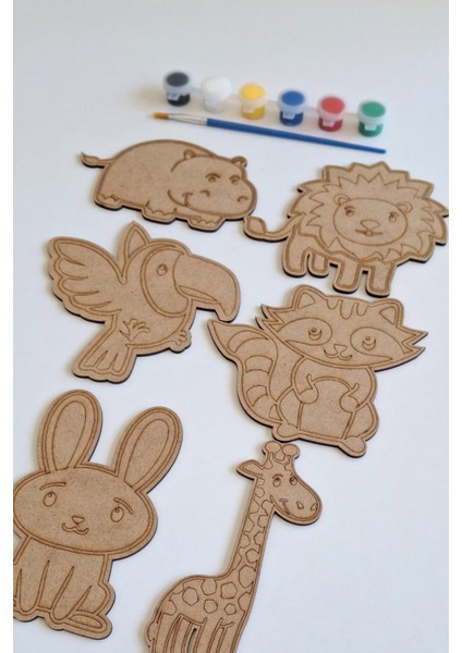 Çocuklar Için 6'lı Safari Ahşap Boyama ve Aktivite Seti, Fırça ve Akrilik Boya Hediye fiyatları