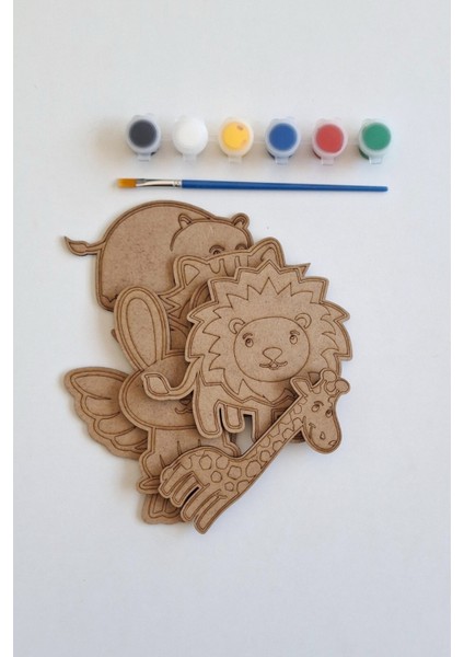 Çocuklar Için 6'lı Safari Ahşap Boyama ve Aktivite Seti, Fırça ve Akrilik Boya Hediye modelleri