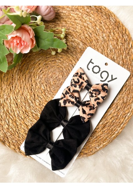Leopar Desenli ve Siyah Fiyonklu Kız Çocuk Bebek Toka Seti