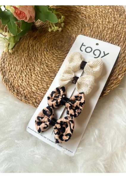 Leopar Desenli ve Krem Hasır Dokulu Kız Çocuk Bebek Toka Seti