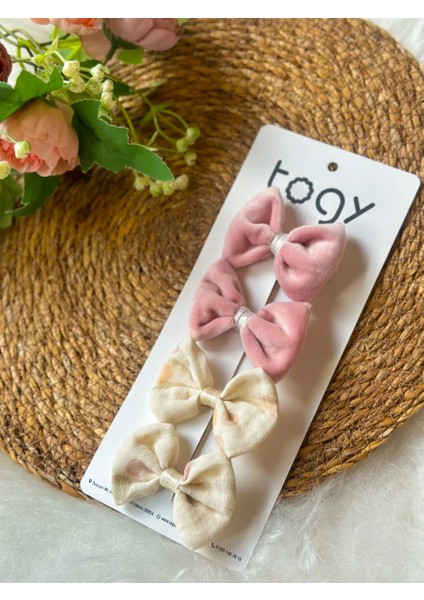 Pembe Kadife ve Krem Puantiyeli Kız Çocuk Bebek Toka Seti