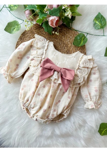 Gale Uzun Kollu Dantel Detaylı Özel Gün Bayramlık Kız Bebek Romper