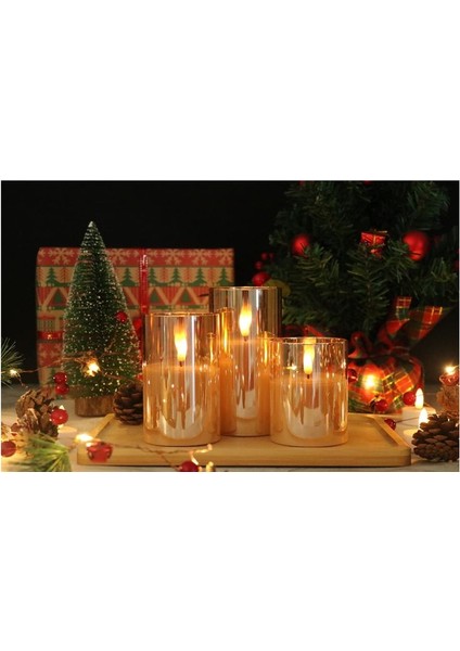 3D Mum Efektli 3'lü Mum Set, Pilli Dekoratif Mum Efektli Şamdan, Masa, Gece Lambası 3'lü Mum Set