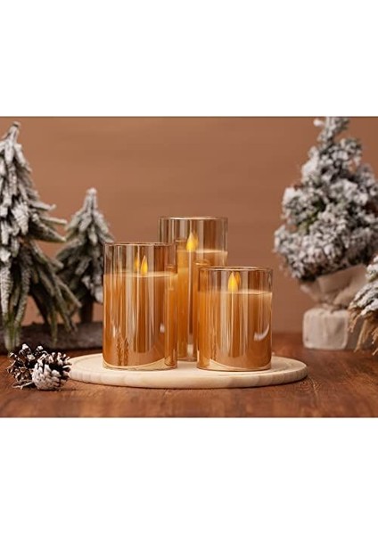 3D Mum Efektli 3'lü Mum Set, Pilli Dekoratif Mum Efektli Şamdan, Masa, Gece Lambası 3'lü Mum Set
