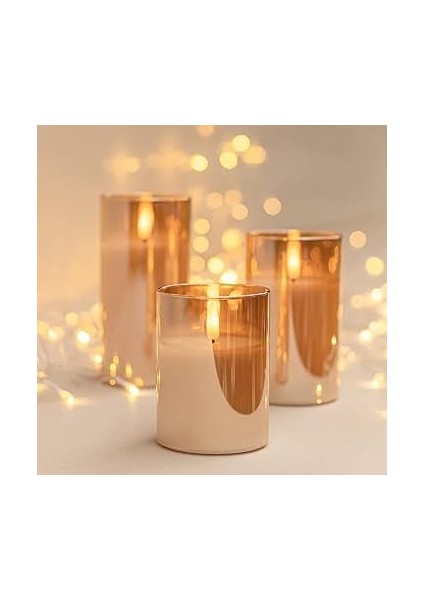 3D Mum Efektli 3'lü Mum Set, Pilli Dekoratif Mum Efektli Şamdan, Masa, Gece Lambası 3'lü Mum Set