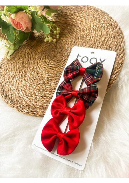 Ekose Desenli ve Kırmızı Renk Kurdeleli Kız Çocuk Bebek Toka Seti