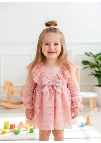 Lola Kız Bebek Pembe Dantel Detaylı Uzun Kollu Özel Gün Bayramlık Abiye Elbise