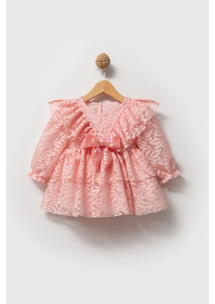 Lola Kız Bebek Pembe Dantel Detaylı Uzun Kollu Özel Gün Bayramlık Abiye Elbise fiyatları