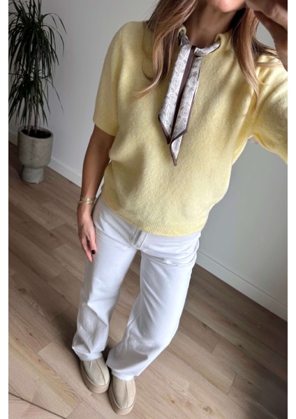 Sarı Kahve Fularlı Kısa Kollu Yün Karışımlı Kazak fiyatları