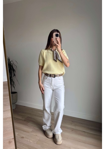 Sarı Kahve Fularlı Kısa Kollu Yün Karışımlı Kazak modelleri