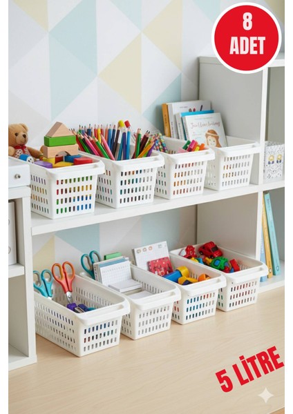 8 Adet Beyaz Plastik Çok Amaçlı Delikli Organizer Sepet – Mutfak Banyo Dolap Içi Düzenleyici 5 Litre
