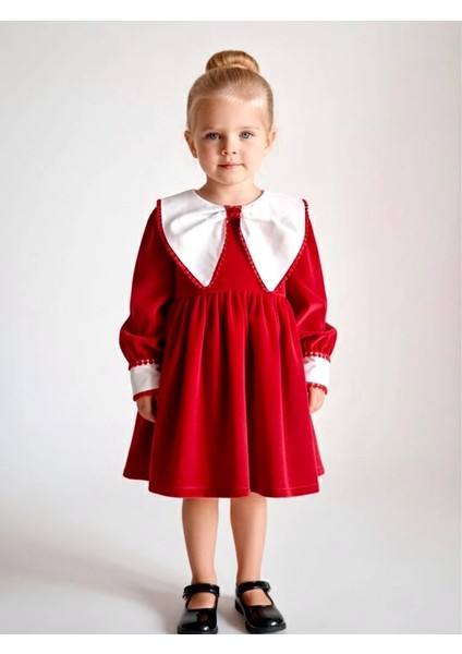 Patrıcıa Kırmızı Kadife Beyaz Yakalı Uzun Kollu Özel Gün Bayramlık Kız Çocuk Elbise