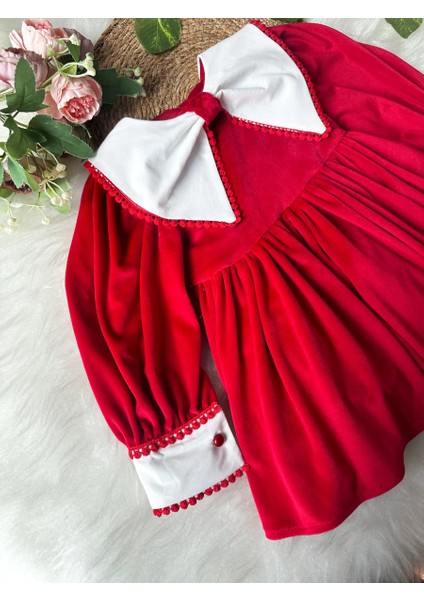 Patrıcıa Kırmızı Kadife Beyaz Yakalı Uzun Kollu Özel Gün Bayramlık Kız Çocuk Elbise fırsatları