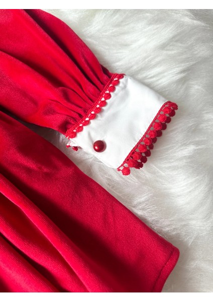 Patrıcıa Kırmızı Kadife Beyaz Yakalı Uzun Kollu Özel Gün Bayramlık Kız Çocuk Elbise