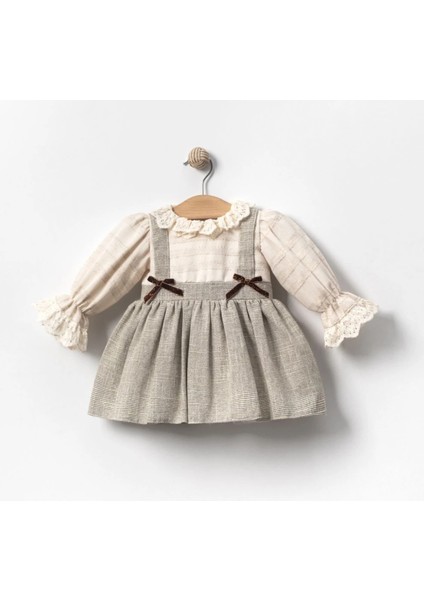 Luna Askı Detaylı Etekli Uzun Kollu Kız Bebek Elbise Çift Fiyonk