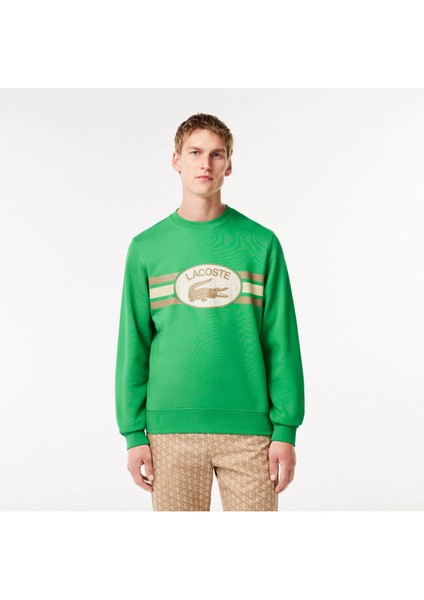 Erkek Classic Fit Bisiklet Yaka Baskılı Yeşil Sweatshirt