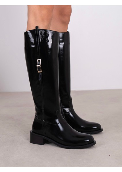 Zirya Siyah Rugan Hakiki Deri Kadın Çizme