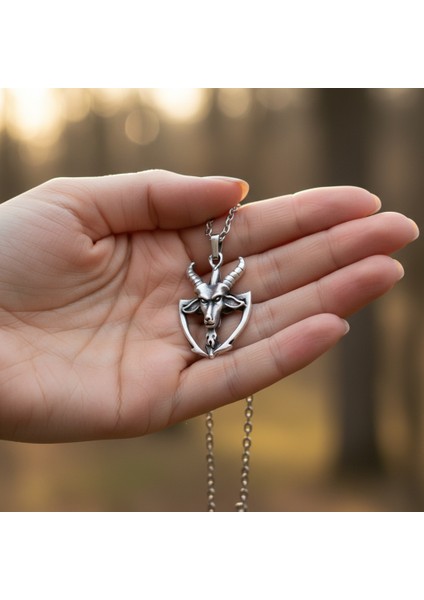 Baphomet Pagan - Keçi Şeytan Gümüş Kaplama Düz Zincir Kolye