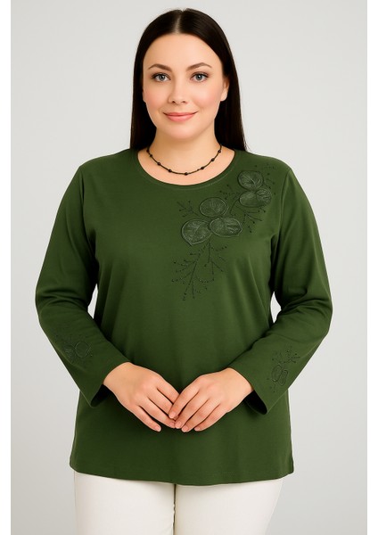 Rahat Kesim Yuvarlak Yaka Kol Işlemeli Anne Kadın Penye Bluz