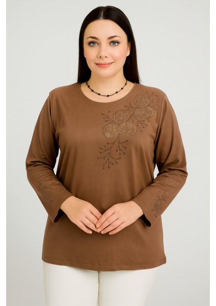 Rahat Kesim Yuvarlak Yaka Kol Işlemeli Anne Kadın Penye Bluz