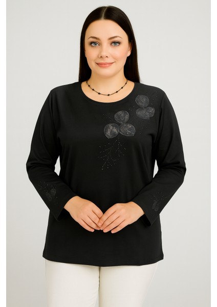 Rahat Kesim Yuvarlak Yaka Kol Işlemeli Anne Kadın Penye Bluz