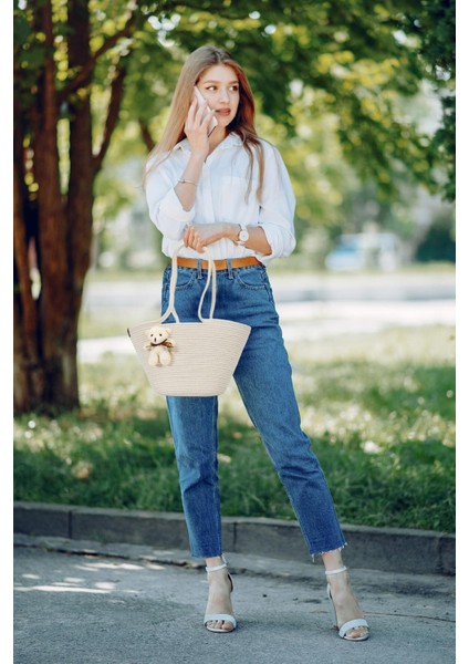 Hasır Omuz Çantası Ayıcıklı Plaj Çantası - Krem