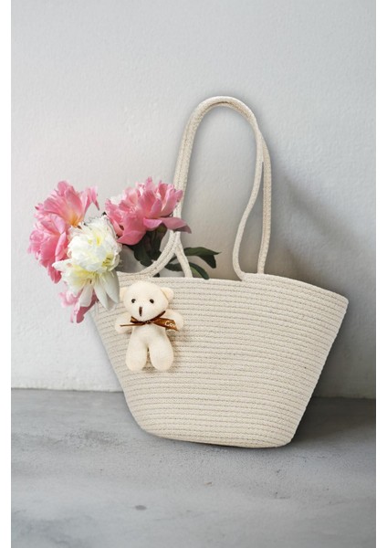 Hasır Omuz Çantası Ayıcıklı Plaj Çantası - Krem fiyatları