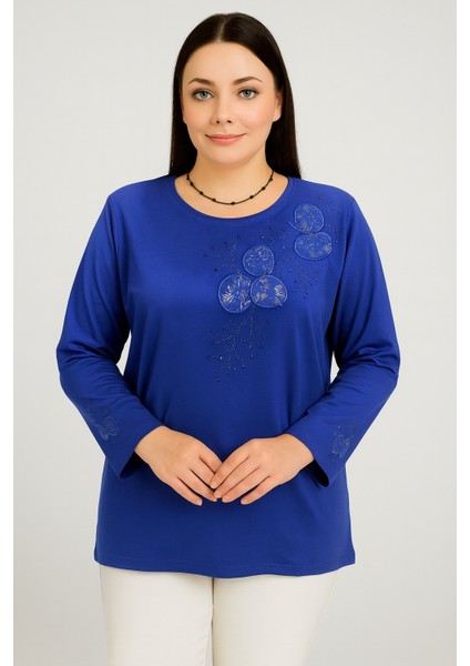 Rahat Kesim Yuvarlak Yaka Kol Işlemeli Anne Kadın Penye Bluz