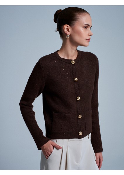 60935 Cep Detaylı Parıltılı Triko Hırka-Kahve