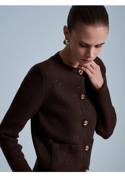 60935 Cep Detaylı Parıltılı Triko Hırka-Kahve fiyatları