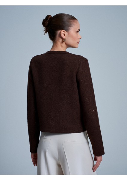 60935 Cep Detaylı Parıltılı Triko Hırka-Kahve modelleri