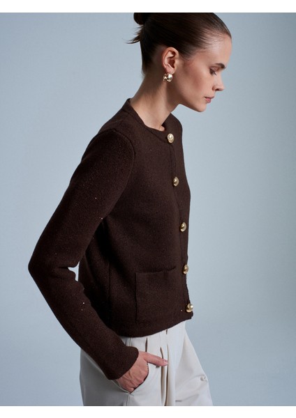 60935 Cep Detaylı Parıltılı Triko Hırka-Kahve fırsatları