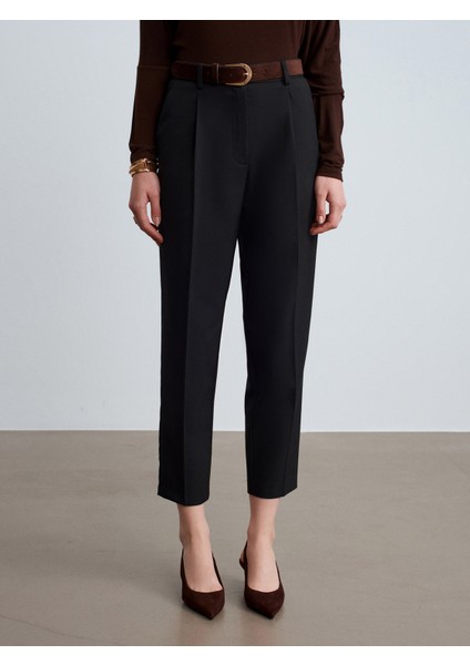 72193 Süet Kemerli Pensli Kumaş Pantolon-Siyah fırsatları