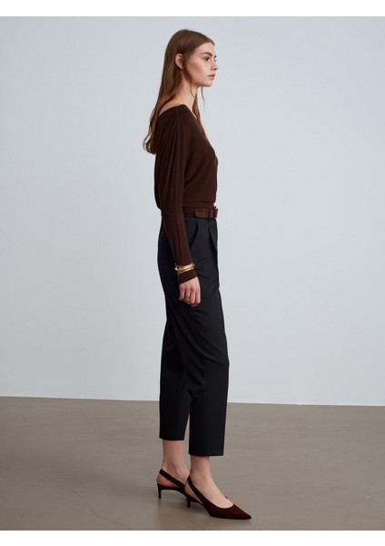 72193 Süet Kemerli Pensli Kumaş Pantolon-Siyah indirimleri