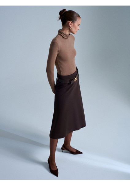 80390 Beli Lastikli Örme Midi Etek-Koyu Kahve