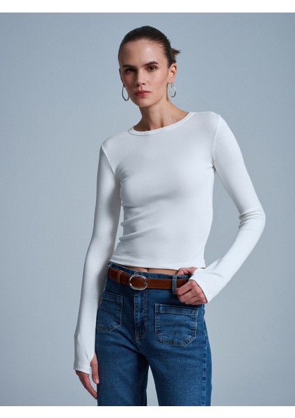 32319 Modal Karışımlı Uzun Kollu Top-Ekru fırsatları