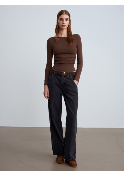 31401 Büzgülü Kayık Yaka Top-Açık Kahve indirimleri