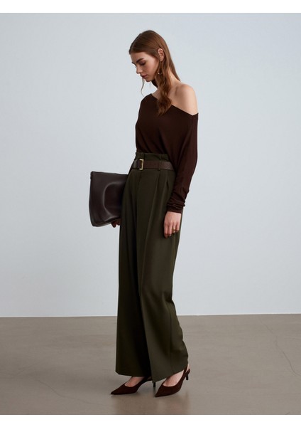 72219 Beli Lastikli Kemerli Kumaş Pantolon-Haki