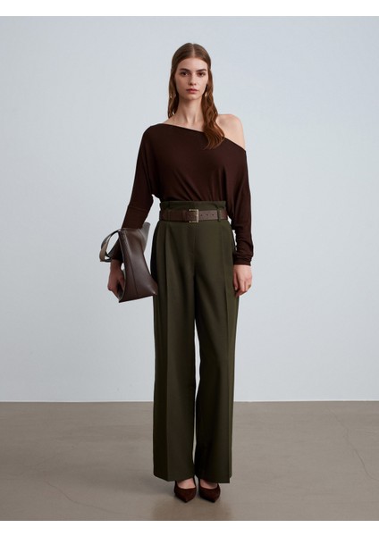 72219 Beli Lastikli Kemerli Kumaş Pantolon-Haki indirimleri