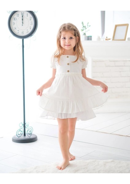 Alessi Mini Fırfır Detaylı Keten Kız Çocuk Elbise