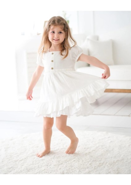 Alessi Mini Fırfır Detaylı Keten Kız Çocuk Elbise modelleri