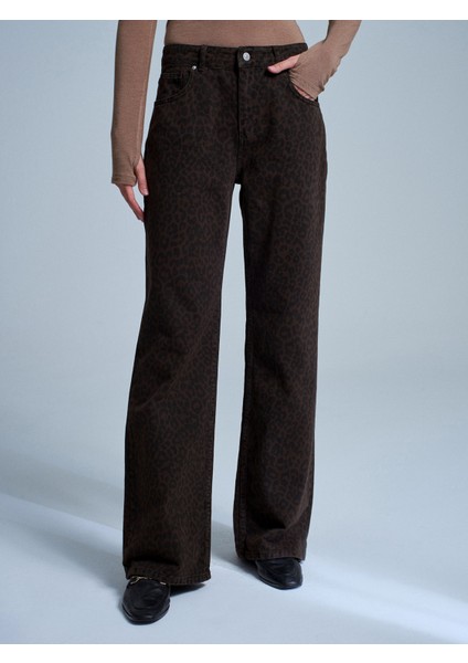 72091 %100 Pamuk Leopar Desenli Jean-Kahve