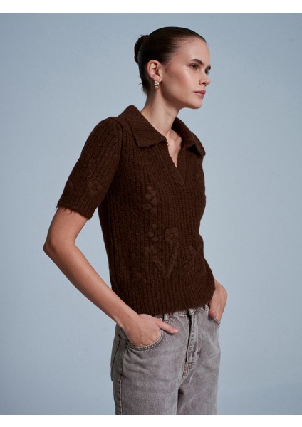 10829 Nakışlı Kısa Kollu Kazak-Kahve fiyatları