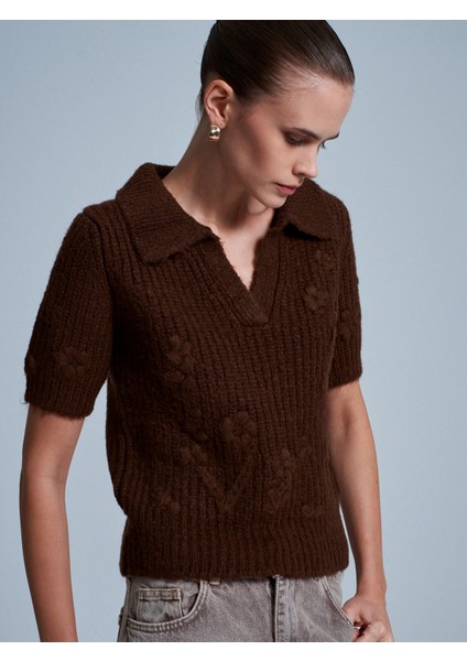 10829 Nakışlı Kısa Kollu Kazak-Kahve fırsatları