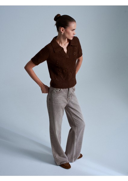 10829 Nakışlı Kısa Kollu Kazak-Kahve indirimleri