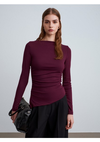 32198 Kayık Yaka Büzgülü Top-Bordo modelleri