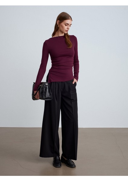 32198 Kayık Yaka Büzgülü Top-Bordo indirimleri