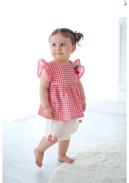 Cherry Ekose Kiraz Detaylı Kız Bebek Ikili Takım