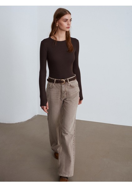32319 Modal Karışımlı Uzun Kollu Top-Koyu Kahve indirimleri